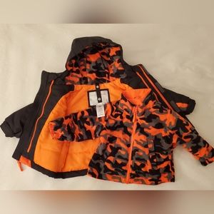 Baby boy size 12 months black/orange camo  puffer & fleece jacket !NEW! 2 in 1